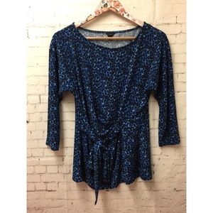 ANN Taylor Blue Black Tie Front 3/4 Sleeve Blouse